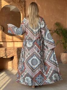 SHEIN طقم من قطعتين، طباعة نباتية، جاكيت كيمونو طويل، بنطال واسع الساق، ملابس منتجع، بطانية شاطئ للعطلات، بوهيمي استوائي بيج صيفي - متعدد الألوان - مشاهدة 2