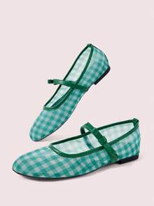CUCCOO DOLLMOD Women's Shoes, Green Plaid, Mesh, Bow Mary Jane Shoes, Ballet Shoes, Comfortable Flats - Mesh green - View 4