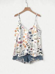 Mellowie Watercolor Floral Plus Size Women's Contrast Lace Camisole Tank Top - Multicolor - View 7