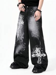 ROMWE MEN Jeans rectos de ajuste holgado con estampado lavado de peso pesado para hombres - Negro - Ver 9