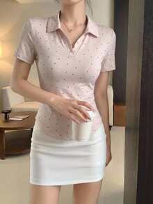 DAZY 夏季波點滿版印花粉色 Polo 衫休閒街頭度假短袖女款 T-shirt Y2K - 粉色 - 查看 5