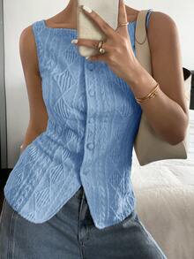 Siren Gaze Women's Geometric Textured Single-Breasted Casual Vest - Blue - View 7