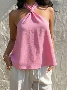SHEIN EZwear 女士夏季沙滩度假粉色编织扭结露背上衣 - 粉色 - 查看 5
