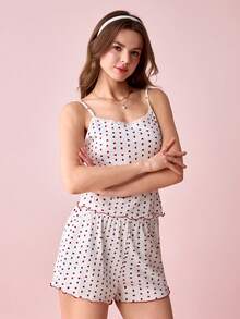 Bonmuse 两件套女士优雅蕾丝拼接爱心印花吊带背心和短裤睡衣套装 - 白色 - 查看 6