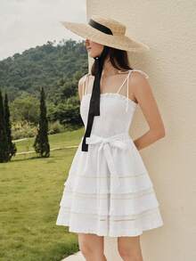 MOTF PREMIUM WOMEN'S ELEGANT HOLLOW LACE MULTI-LAYER RUFFLE SHORT CAMI DRESS - White - View 5