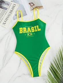 Swim Mod 2026春夏新款歐美風一件式性感三角比基尼泳衣套裝 女款女孩甜美辣妹版 高衩三點式 巴西印花撞色黃色細邊 小胸托高 雙肩帶 顯瘦泳裝 適合溫泉海邊度假生日派對 - 彩色 - 查看 4