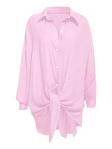 INAWLY Camisa holgada casual de unicolor para vacaciones en talla grande - Rosa - Ver 3