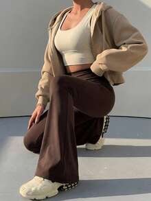 DAZY Spring Summer Slim Fit Solid Color Long Flare Leggings - Brown - View 5