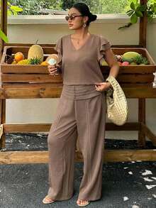 Dazy Plus Summer Holiday Outfit Commuter Office Formal V-Neck Ruffle Flutter Sleeve Casual Elegant Long Pants Plus Size Women Black Chocolate Brown 2 Pieces Set - Brown - View 4