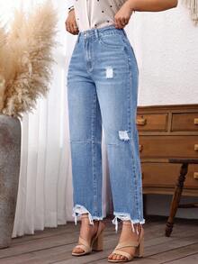 SHEIN PETITE Women's Pocket Distressed Straight Leg Loose Casual Denim Jeans ,Petite Women - Light Wash - View 4
