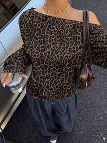 Muchica 女款不對稱單肩收腰運動衫，休閒極簡日常百搭派對聚會機場 Y2K 上衣，豹紋圖案，夏季，外出 - 彩色 - 查看 3