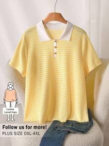 CosyJoli 大尺碼女款休閒條紋 Polo 領短袖通勤 T 恤，淡黃色 - 鵝黃色 - 查看 4