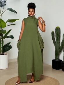 Maweii Plus Size Women's New Green Ruched Neckline Sleeveless Dress, Loose Fit, Draping Fabric, Long Asymmetric Hem, Pocket Design, Casual Dress, Daily Wear Vibe, Slouchy Elegant, Summer Loose Slimming Draping Elegant Long Sleeveless Casual Dress - Green - View 6