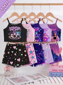 SHEIN [Randomly Sent 1 Set]Girls' Summer Fashion Cool K-Pop Girl Group Pattern Positioned Print Camisole Paired With Girl Group Pattern All-Over Print Shorts With Ruffle Edge Design, Knit Fabric, Comfortable And Soft, 2-Piece Set, Loungewear Pajamas Suitable For Home And Outings, Versatile - Multicolor - View 1