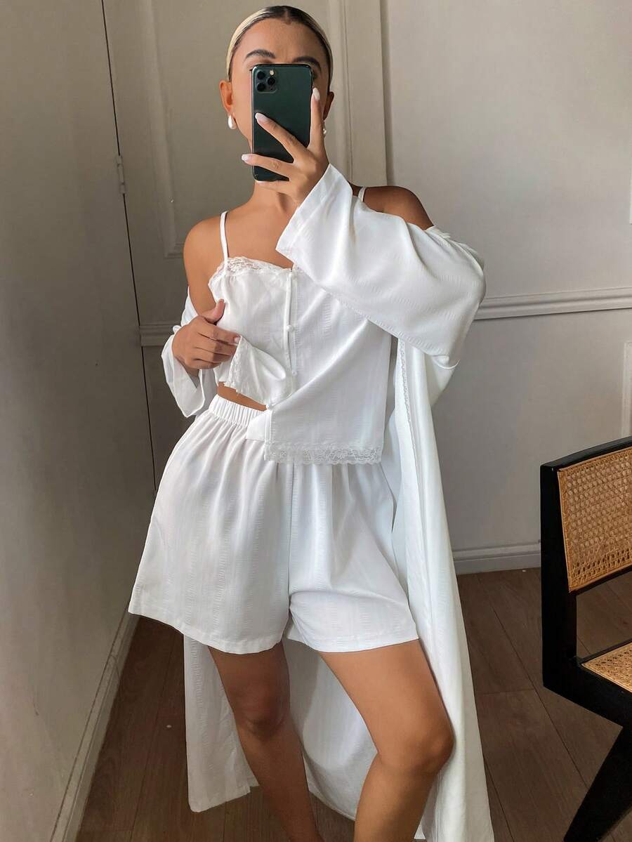 DAZY 3-Piece Vacation Style 3D Polka Dot Textured Fabric Summer Pajama Set For Women - White - View 1