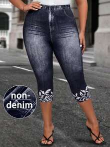 EMERY ROSE Conjuntos de verano con leggings de efecto denim y estampado floral talla grande - Azul Marino - Ver 1