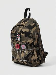 ROMWE Grunge Punk 1 Pieza Mochila de Gran Capacidad con Múltiples Bolsillos, Diseño Decorativo de Cadena de Cruz con Pedrería, Bordado de Cabeza de Calavera con Patrón de Camuflaje Punk Gótico Verde, Estilo Decadente Oscuro, Mochila Unisex de Moda, Adecuada para Desplazamientos, Universidad, Vacaciones y Otros Artículos de Moda - Verde - Ver 2