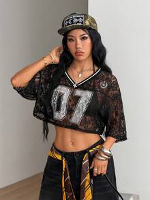 Coolane 女款街頭風酷感復古運動足球球衣字母印花 Y2K Blokecore 短版百搭 T-shirt - 黑色 - 查看 3