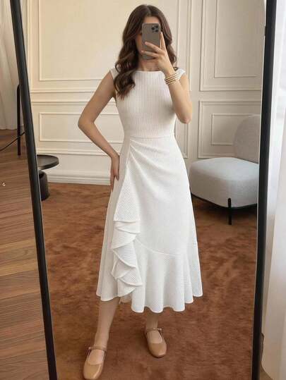 Teen Girls White Waist Ruched Asymmetrical Hem Ruffle Design Dress, White Fitted Casual Minimalist Comfortable Cinched Waist Solid Color Long Dress, Suitable For Party/Date/Valentine's Day White Dresses For Ladies Elegant Formal White Dress For Women Casual Christening,Mother Day Dress,Summer Dress,Squishy Dress,Prom Dresses,Graduation Dress,White Dresses White Tea Length Dress