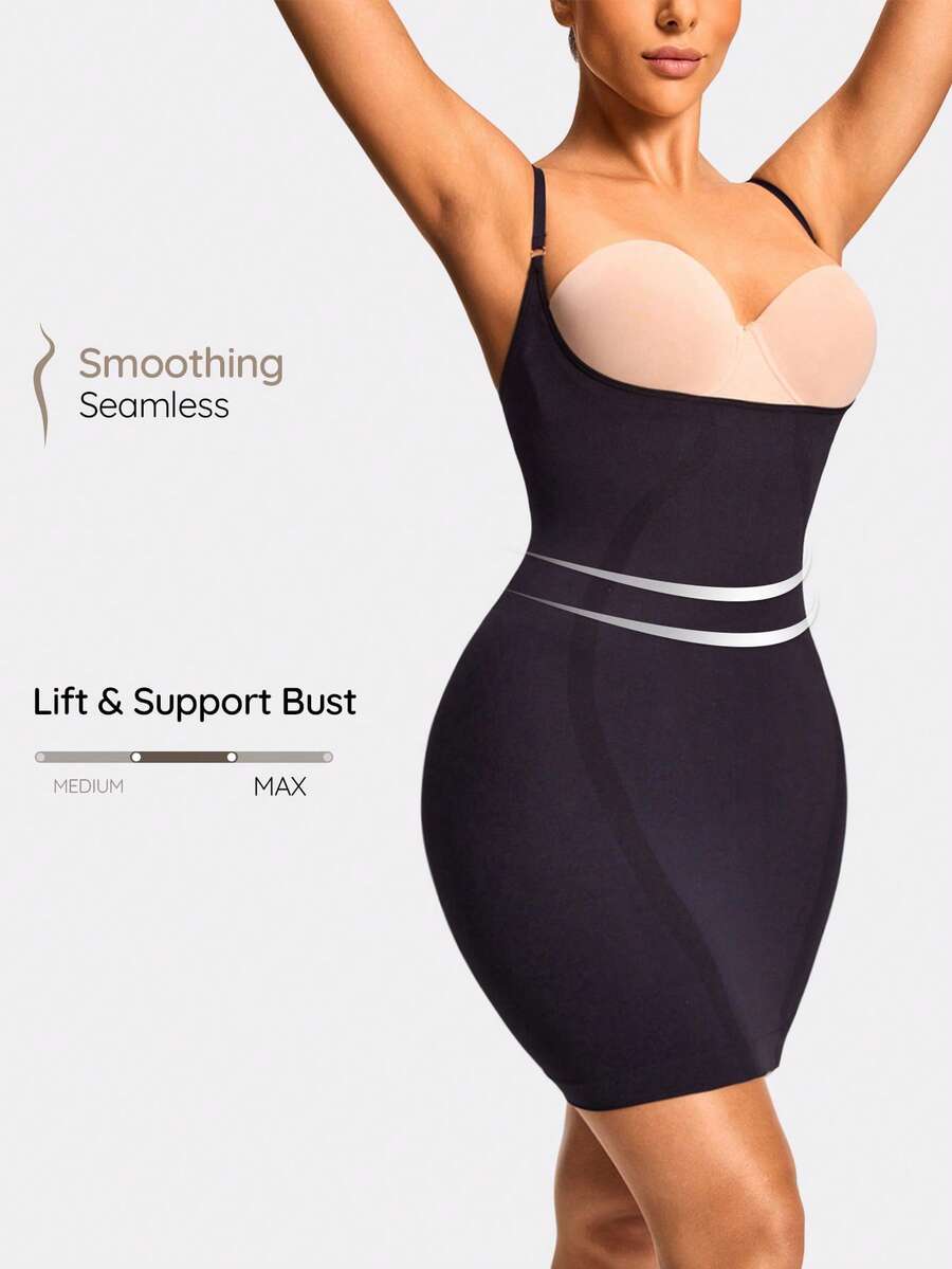 SHAPORA 1pc Women Solid Color Waist Cincher Slip Dress - Black - View 1
