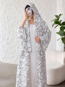 Yasmyna Elegant Printed Headscarf Long Sleeve Flared Women's Abaya - Black and White - View 7