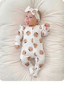 SHEIN Combinaisons à manches longues pour bébé fille nouveau-né avec imprimés ours et nœud mignons, bodies doux et adorables pour nourrisson, ensemble de vêtements unisexe pour bébé avec volants délicats et fermeture éclair complète, vêtements de nuit confortables pour nourrisson, combinaisons zippées en coton rose et blanc pour bébé fille nouveau-né avec graphiques d'ours et pieds, vêtements bébé zippés, vêtements bébé nouveau-né, vêtements bébé nouveau-né unisexe - Rose bonbon - Voir 2