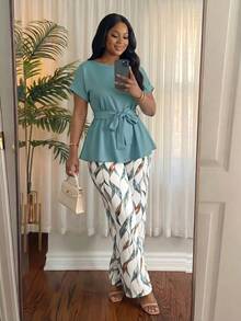 SHEIN Lady 大尺碼女款素色圓領腰部打結上衣與長褲休閒日常兩件套 - 彩色 - 查看 4