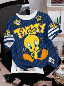 LOONEY TUNES X SHEIN 女士条纹卡通图案休闲圆领短袖T恤 - 白色 - 查看 3