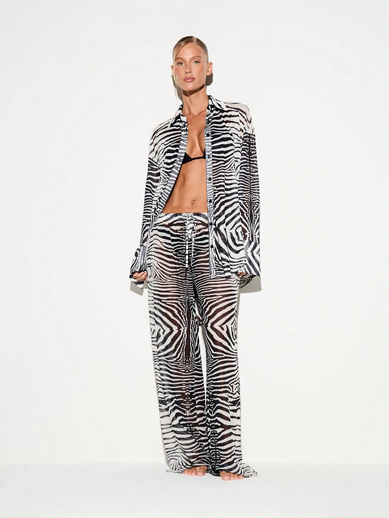 Zebra Print Sheer Mesh Shirt With Bell Sleeves