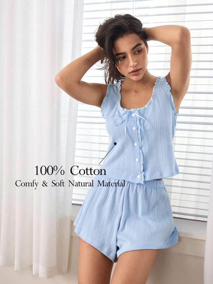 Ocili Cotton Jacquard Shorts, Comfortable Soft Minimalist Shorts, Comfortable Minimalist Homewear Y2K Style, Women Sleepwear Bottom - Blue - View 1