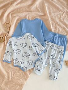 4pcs/Set Newborn Baby Spring/Summer Snug Fit Pajama Set With Cute Elephant Pattern Design, Soft Skin-Friendly Fabric, Comfortable Home Wear For Kids' - Multicolor - View 2