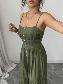 Elenzga Jumpsuit Wanita Warna Polos, Berlipit, Bahan Denim Imitasi, Kancing, Tanpa Lengan, dengan Hem Berumbai - Hijau Tentara - View 7