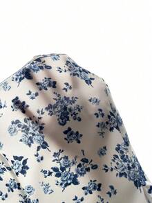 Rafferiza Fabric Print Collarless Ruched Tie Waist Sleeveless Women Blouse - Blue - View 3