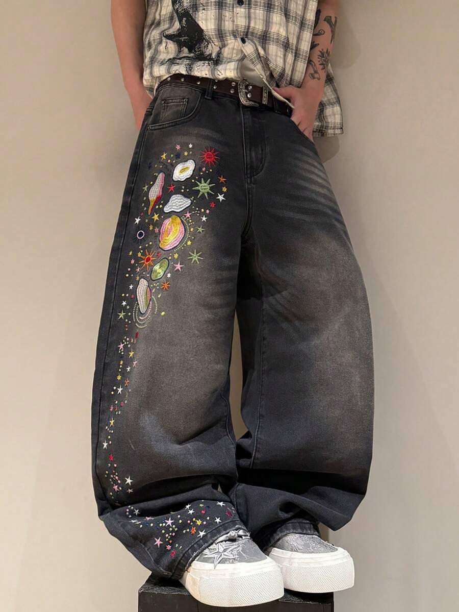 STEELVANCE 街頭風復古時尚百搭水洗貓鬚鉚釘刺繡設計寬鬆直筒寬腿休閒牛仔褲 (不含腰帶與配件) - 黑色 - 查看 1