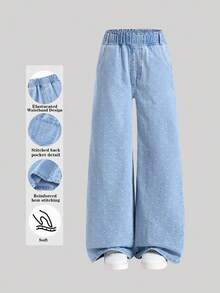 SHEIN 休閒可愛百搭基本款時尚甜美女孩度假蝴蝶結愛心圓點提花舒適寬腿牛仔褲，平底鬆緊腰，口袋設計，適合女孩日常穿著 - 淺色水洗藍 - 查看 4