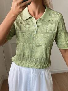 DAZY 條紋POLO領短袖休閒春夏女款針織上衣 - 綠色 - 查看 7