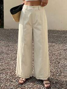 DAZY Solid Color Loose Pleated Ruffle Wide Leg Pants Casual Vacation Summer Women's Long Pants - Apricot - View 7