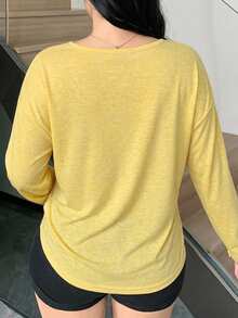 Dazy Plus Solid Color Large Scoop Neck Half-Open Placket Long Sleeve T-Shirt Spring Summer - Yellow - View 4