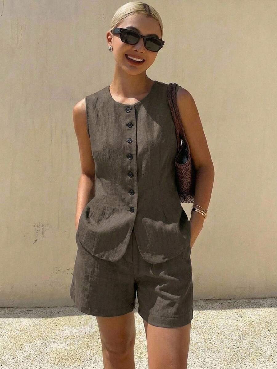 Livesso 夏季無袖西裝背心 & 短褲套裝，2件式優雅女裝，適用於婚禮、休閒、辦公室、商務、居家及度假 - 棕色 - 查看 1