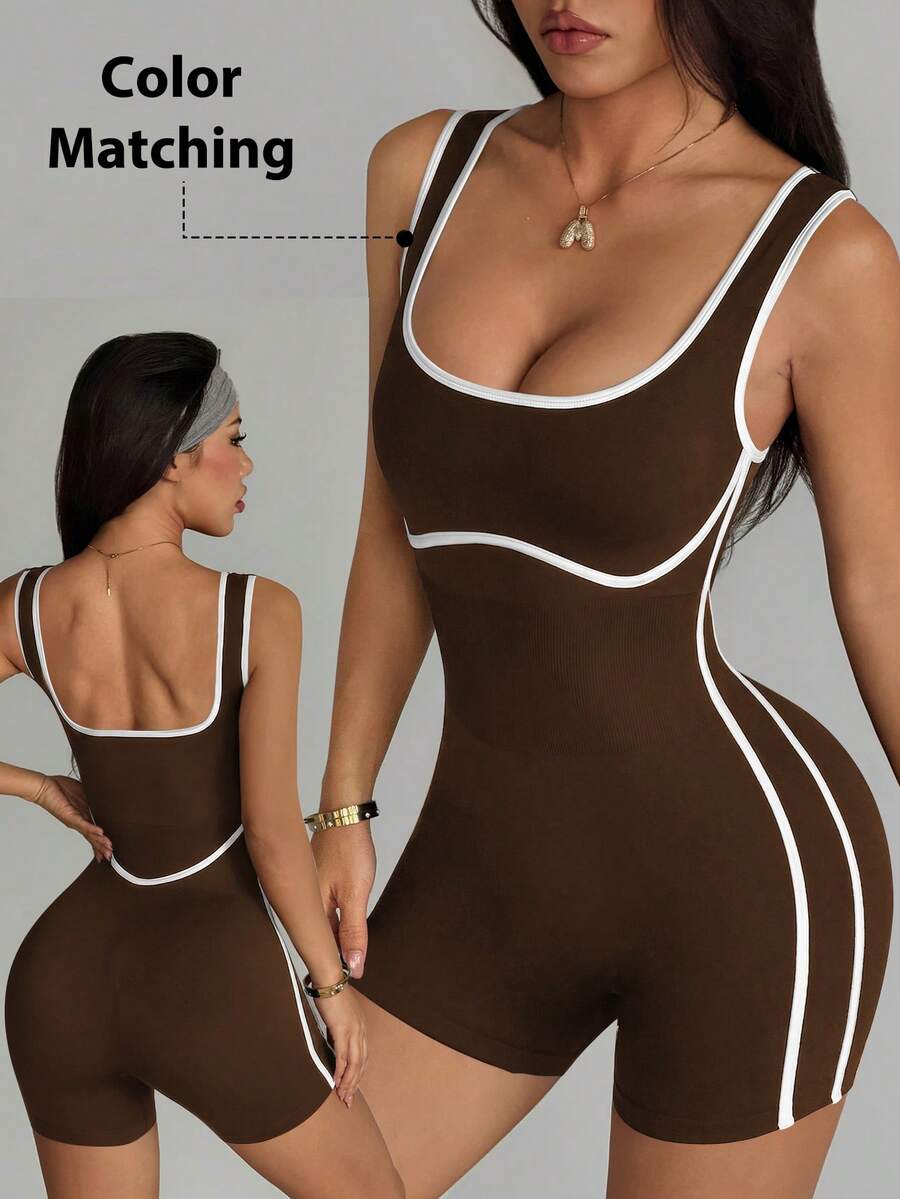 Dewbera Dewbera Seamless Colorblock Sports Jumpsuit - Coffee Brown - View 1
