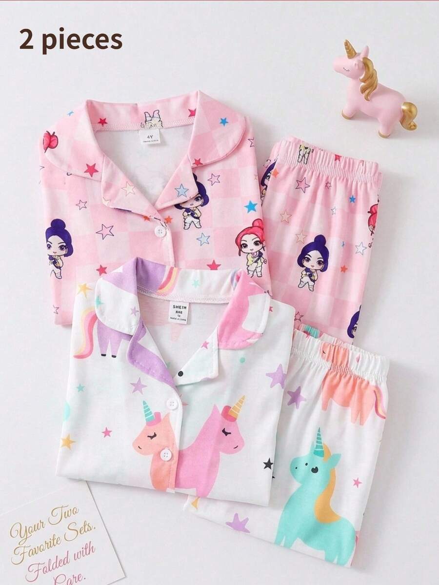SHEIN 2件/套少女可愛優雅休閒舒適粉色格紋圖案印花開襟外套與長褲睡衣套裝 - 粉色 - 查看 1