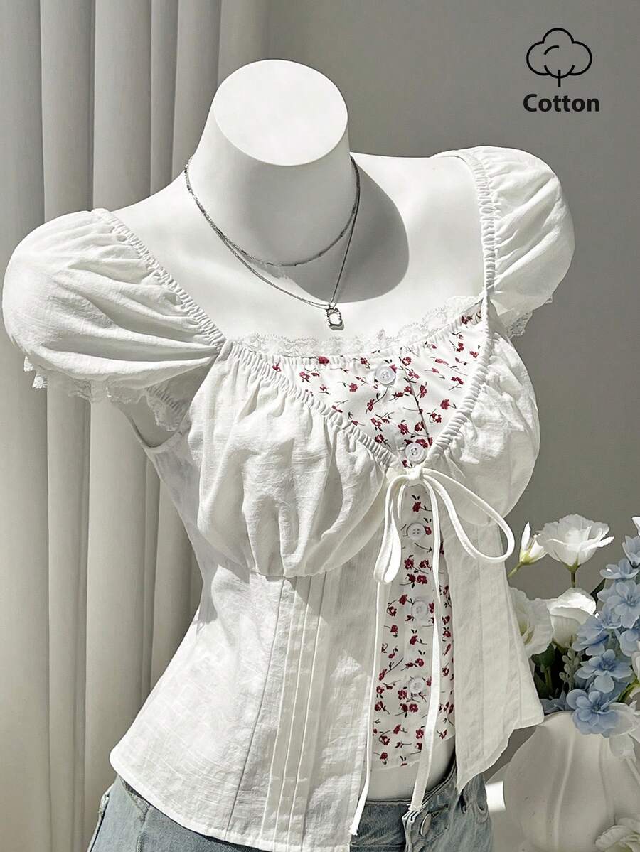 Elamini 女款蕾絲拼接扭結修身優雅短版白色襯衫,女上衣與襯衫,漂亮上衣袖襯衫,2合1設計,夏季 - 白色 - 查看 1