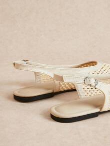 Rosivie Zapatos de mujer blancos tejidos con tira trasera hueca, zapatos de verano transpirables con punta cuadrada, suela plana y empeine bajo de estilo retro - Blanco tejido - Ver 6