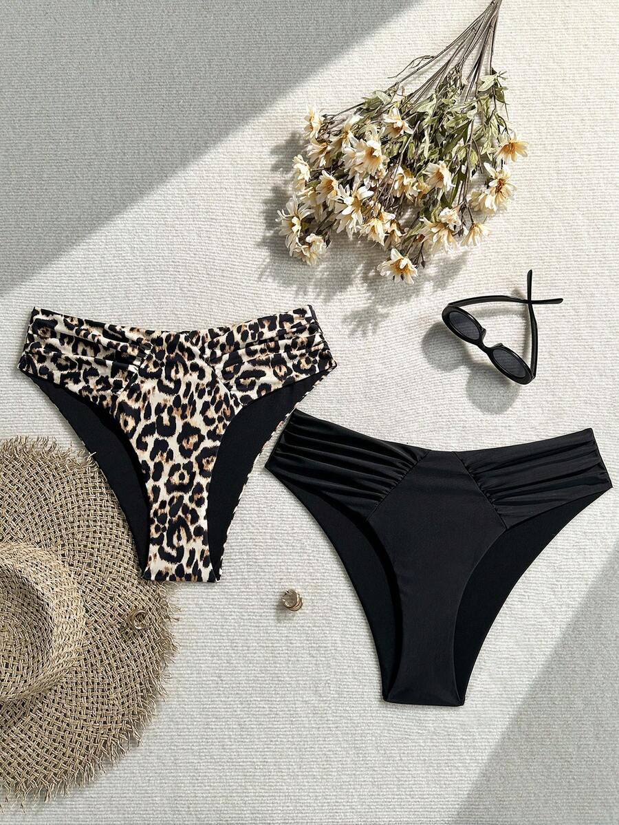 SHEIN Swim Curve 2026 Women's Plus Size Summer Bikini Swimwear Bottoms 2pcs Set Side Ruched Minimalist Greek Goddess Versatile Casual Sexy Triangle Panties Beach Beige - Multicolor - View 1