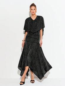 Barévion Women's Dress Slim A-Line Shimmer Leopard Jacquard V-Neck Cape Asymmetric Hem Pleated Elegant Mature Vintage Banquet Black And White Leopard Print - Silver - View 3