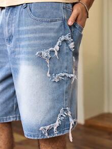 Whitmere American Distressed Five-Pointed Heart Pattern Denim Shorts For Men, Fashionable Frayed Hem Casual Versatile Knee-Length Denim Shorts, Streetwear Jeans, Versatile Street Style, Breathable Casual Shorts For Summer Commute - Blue - View 7