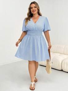 SHEIN CURVE+ Plus Size Vacation Casual Striped Dress Baby Blue Summer - Multicolor - View 6