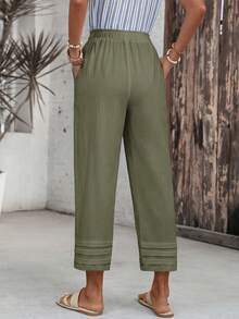 EMERY ROSE Pantalones largos holgados casuales con bolsillo y lazo en la cintura de unicolor para mujer - Verde Caza - Ver 2