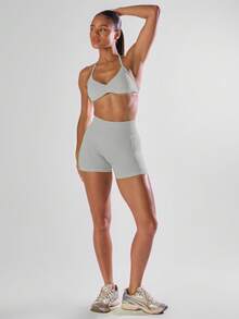 Musera Sport 純色抓皺胸前開口露背掛脖運動內衣，舒適運動健身房跑步跑團、板式網球、網球、匹克球、瑜珈、皮拉提斯、健身日常休閒 - 灰色 - 查看 5