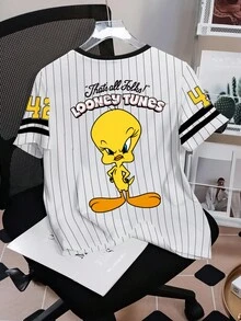 LOONEY TUNES X SHEIN 崔弟条纹数字字母图案休闲可爱图案短袖 T 恤女款，舒适夏季 - 白色 - 查看 2